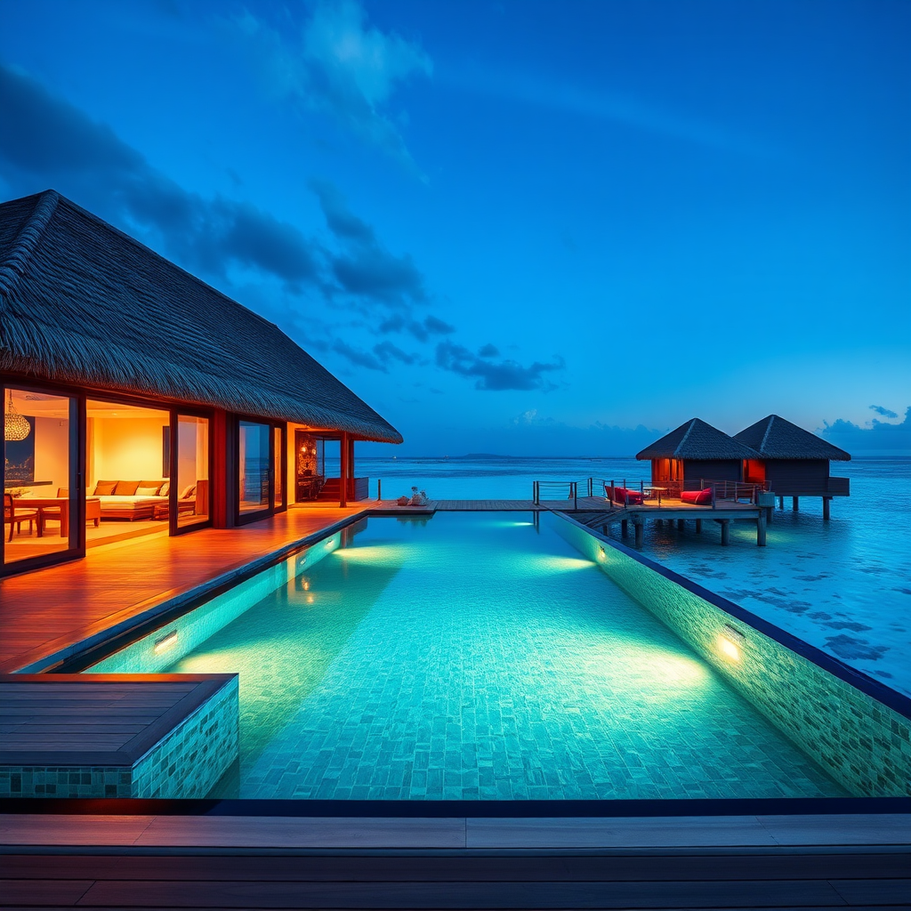 Create a photorealistic image showcasing a luxurious overwater bungalow in the Maldives. The bungalow has a private infinity pool and stunning views of the turquoise ocean. The lighting should be soft and romantic, highlighting the beauty of the natural surroundings. Use a wide-angle lens to capture the scale and elegance of the bungalow. The overall style should evoke a sense of luxury and relaxation.