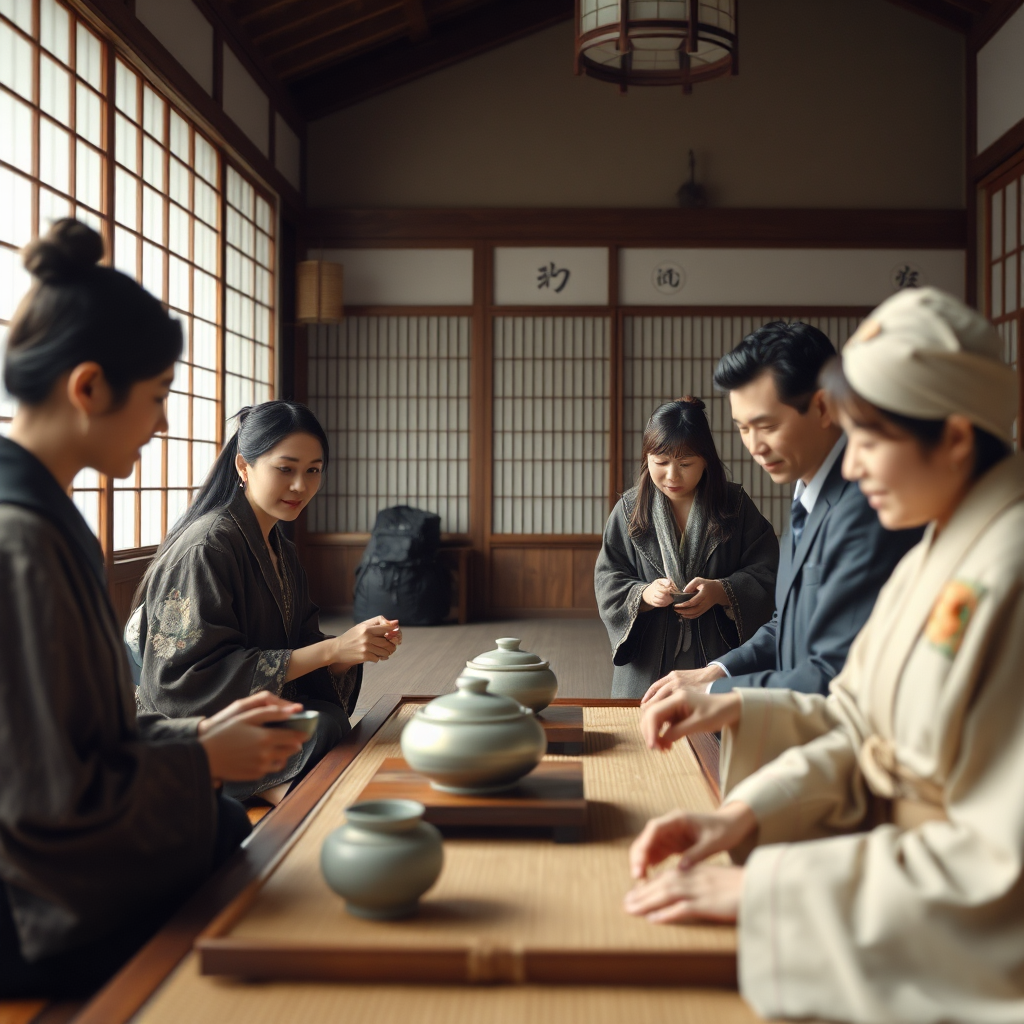 Create a photorealistic image showcasing a group of travelers participating in a traditional tea ceremony in Kyoto, Japan. The travelers are dressed respectfully and are engaging with the local hosts. The setting is a serene tea house, with delicate decorations and soft lighting. The color palette is muted and elegant, emphasizing the cultural richness of the scene. Use a shallow depth of field to draw focus to the tea ceremony itself, highlighting its importance in Japanese culture. The overall style should evoke a sense of respect and cultural immersion.
