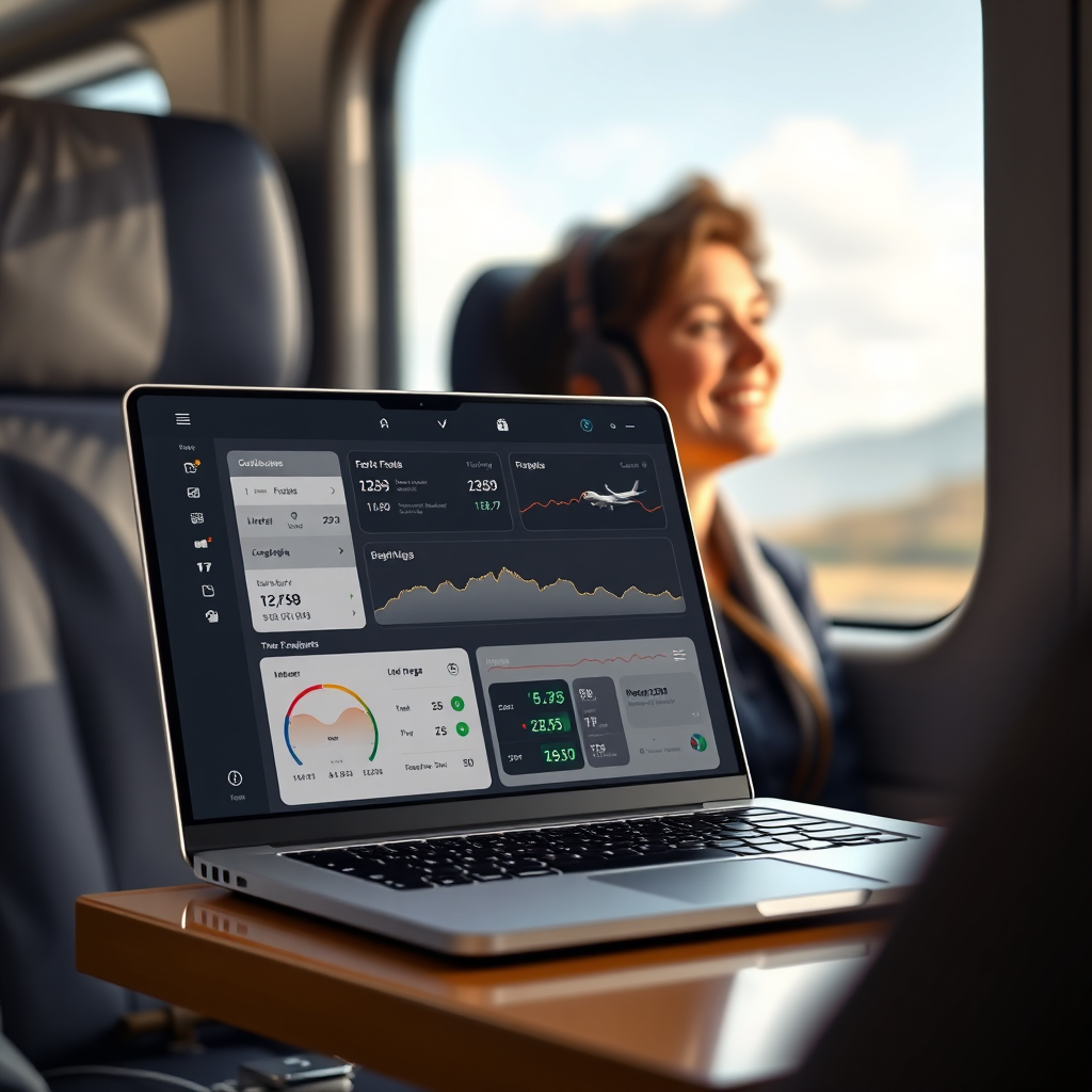 Create a photorealistic image showcasing a well-organized travel dashboard on a laptop screen. The dashboard displays flight information, hotel bookings, and transportation details, all neatly arranged and easy to understand. In the background, a traveler is relaxed and smiling, enjoying a scenic view from a train window. The lighting should be soft and professional, emphasizing the clarity and efficiency of the dashboard. Use a shallow depth of field to blur the background and draw focus to the laptop screen. The overall style should convey a sense of ease and convenience.