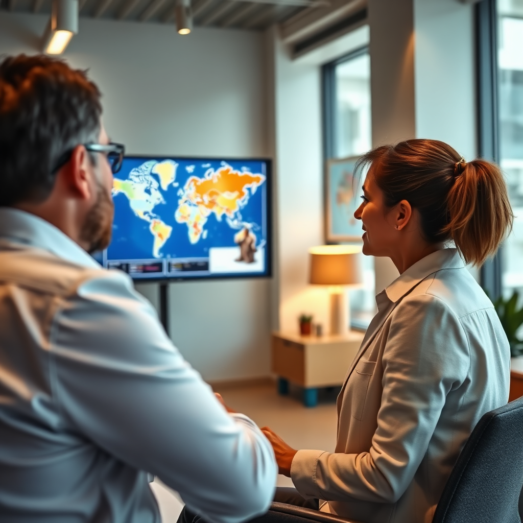 Create a photorealistic image showcasing a travel expert consulting with a client in a modern office setting. The expert is pointing to a map displayed on a large screen, while the client is listening attentively. The office is bright and welcoming, with travel-related decorations on the walls. The lighting should be professional and flattering, emphasizing the expertise and trustworthiness of the travel consultant. Use a medium depth of field to keep both the expert and the client in focus. The overall style should convey a sense of trust and personalized service.