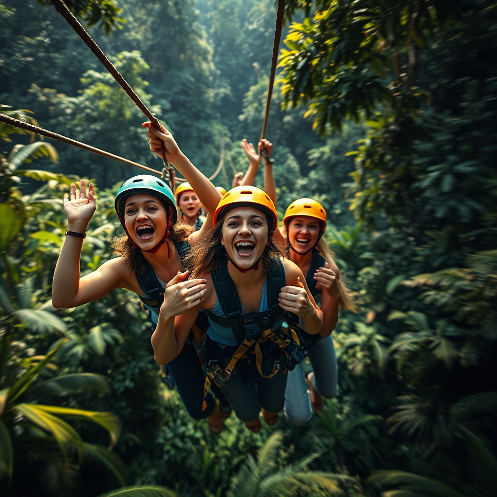Create a photorealistic image showcasing a group of travelers ziplining through a dense jungle canopy in Costa Rica. The travelers are wearing helmets and safety gear and are screaming with excitement. The lighting should be dramatic and dynamic, highlighting the speed and thrill of the zipline. Use a fast shutter speed to capture the motion and energy of the scene. The overall style should evoke a sense of adventure and excitement.