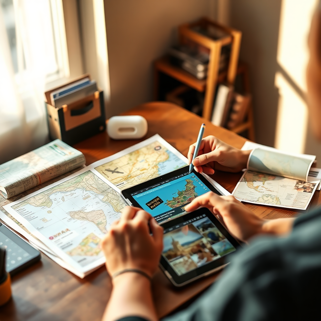 Create an image featuring a travel planner crafting a custom itinerary using maps, brochures, and a tablet. The lighting should be warm and inviting, highlighting the creative process.