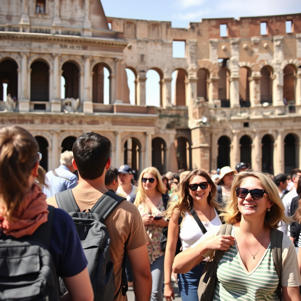 Depict a diverse group of travelers exploring the Roman Colosseum, led by a knowledgeable tour guide. The image should capture the excitement and camaraderie of group travel.