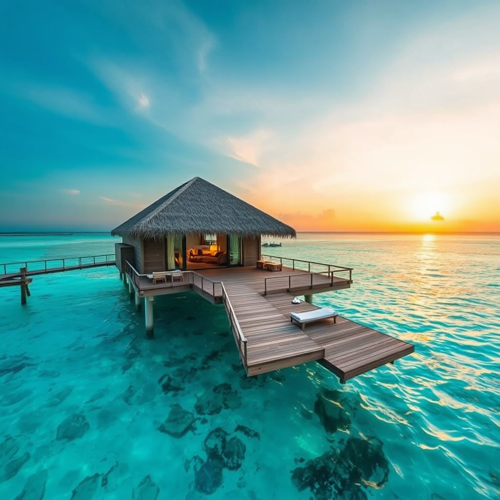 Showcase a luxurious overwater bungalow in the Maldives, with crystal-clear turquoise waters and breathtaking sunset views. The image should evoke a sense of relaxation and extravagance.
