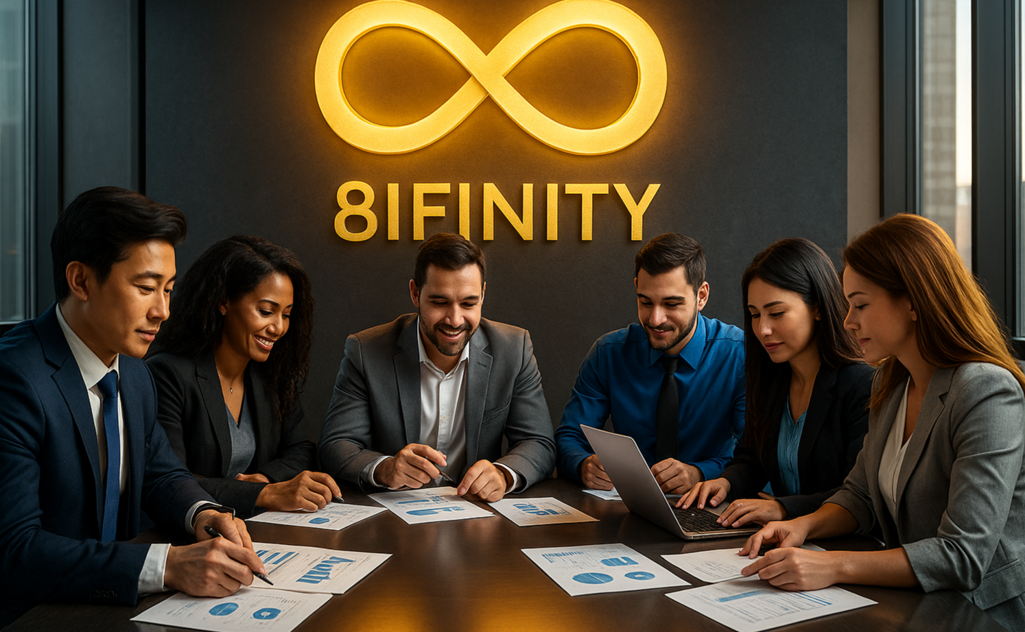 Create a photorealistic, ultra-high-quality 8K hero image for 8Ifinity, an accounting services and training company. The image should depict a modern, well-lit office environment. In the foreground, a diverse team of professionals collaborates around a sleek conference table, reviewing financial documents with focused expressions. Soft, natural light streams through large windows, illuminating the scene. A subtle holographic display in the background showcases financial growth charts and data visualizations. Incorporate elements such as calculators, tablets displaying accounting software, and professional attire. The overall color palette should be professional, incorporating blues, greens, and whites with subtle gold accents. Camera angle: slightly low, looking up to convey a sense of aspiration and achievement. Texture details should be meticulously rendered, from the fabric of the clothing to the polished surfaces of the furniture. Style: blend corporate professionalism with a touch of futuristic technology, inspired by modern finance aesthetics. Hyperrealistic rendering.