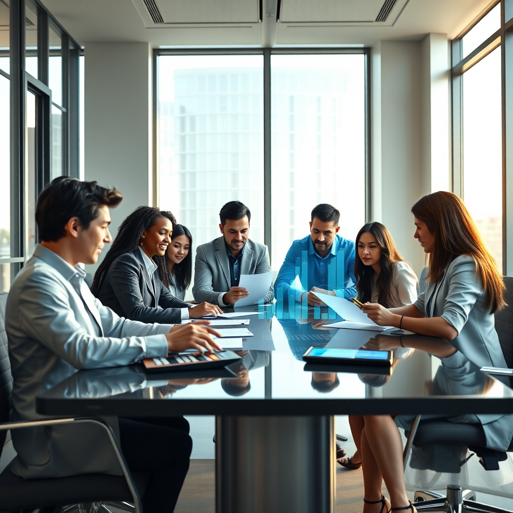 Create a photorealistic, ultra-high-quality 8K hero image for 8Ifinity, an accounting services and training company. The image should depict a modern, well-lit office environment. In the foreground, a diverse team of professionals collaborates around a sleek conference table, reviewing financial documents with focused expressions. Soft, natural light streams through large windows, illuminating the scene. A subtle holographic display in the background showcases financial growth charts and data visualizations. Incorporate elements such as calculators, tablets displaying accounting software, and professional attire. The overall color palette should be professional, incorporating blues, greens, and whites with subtle gold accents. Camera angle: slightly low, looking up to convey a sense of aspiration and achievement. Texture details should be meticulously rendered, from the fabric of the clothing to the polished surfaces of the furniture. Style: blend corporate professionalism with a touch of futuristic technology, inspired by modern finance aesthetics. Hyperrealistic rendering.