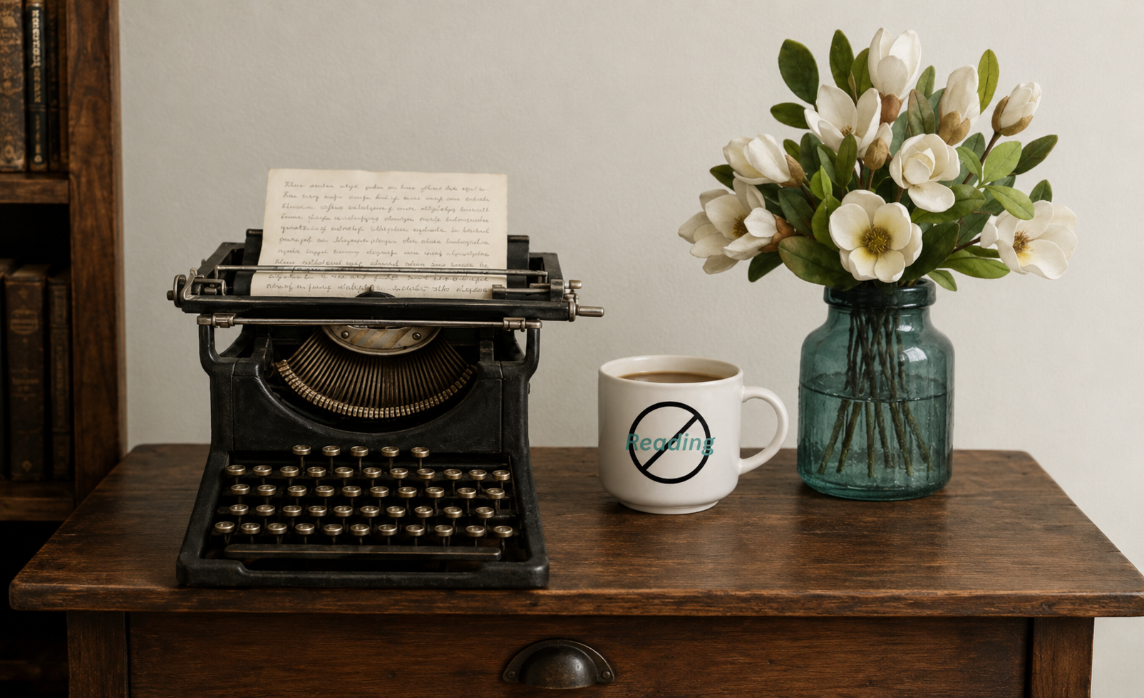An old typewriter beside a cup of flowers on a writing desk
