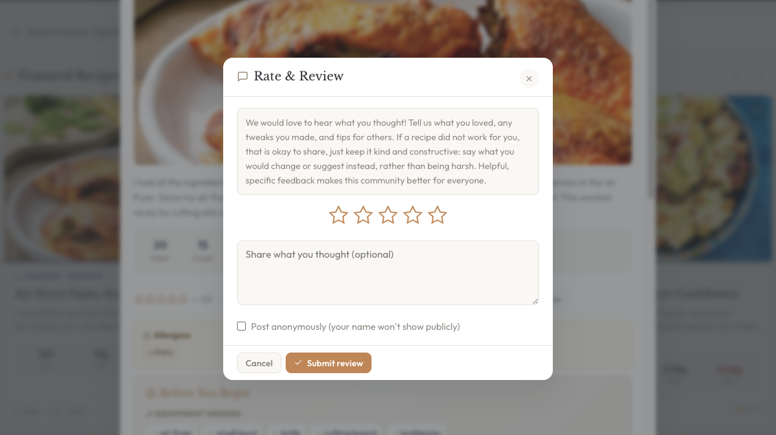 Readers rating and reviewing a recipe