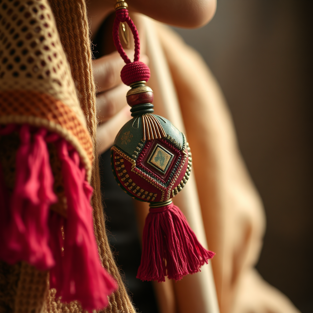 A close-up of a unique, handcrafted accessory or piece of art, showcasing intricate details and global inspiration.