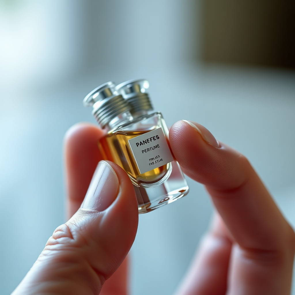 A close-up shot of a hand holding a small perfume sample vial. Soft, natural lighting to highlight the clarity of the liquid and the details of the packaging. The background should be blurred to keep the focus on the sample. Technical specs: 4K resolution, photorealistic.