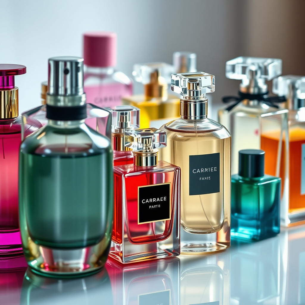 A close-up shot of various perfume bottles with different shapes and colors, arranged artfully on a mirrored surface. Soft, diffused lighting to highlight the reflective qualities of the bottles. The background should be slightly blurred to keep the focus on the perfumes. The color palette should be diverse, reflecting the different fragrance families. Technical specs: 4K resolution, photorealistic.