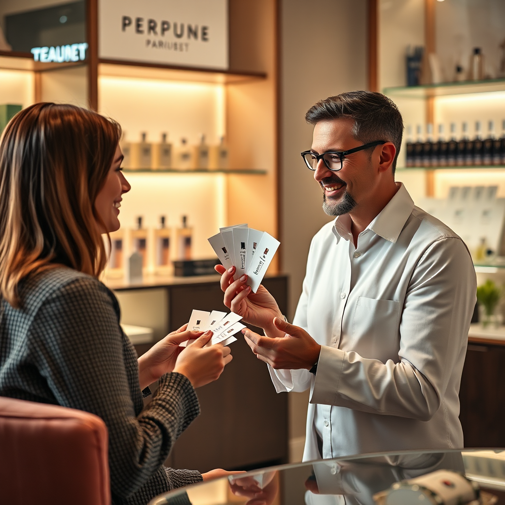 A friendly perfume expert providing a one-on-one fragrance consultation to a customer. The setting is a well-lit, comfortable area within the perfume shop. The expert is holding perfume blotters, explaining the different notes and characteristics of each fragrance. Soft, natural lighting to create a welcoming atmosphere. Technical Specs: 4K resolution, photorealistic.