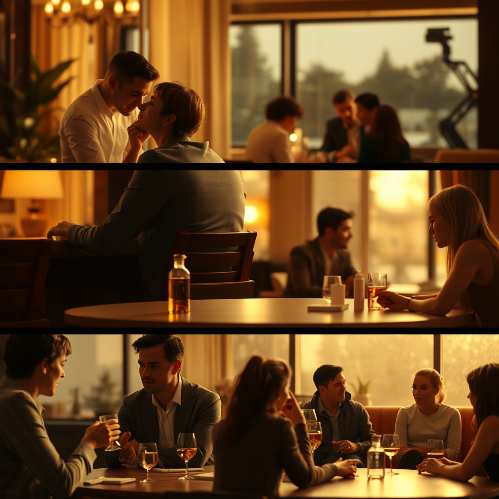 A montage of different scenes representing various occasions – a romantic date, a business meeting, a casual outing – each subtly hinting at the presence of a complementary fragrance. Soft, warm lighting to create a sense of comfort and versatility. Technical specs: 4K resolution, photorealistic, capturing the diversity of occasions and the unifying power of scent.