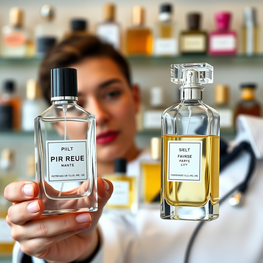 A perfume expert comparing two perfume bottles with similar scents. One bottle is a high-end brand, while the other is a more affordable alternative. The background is a well-organized display of various perfume bottles. Soft, natural lighting to highlight the subtle differences between the scents. Technical Specs: 4K resolution, photorealistic.