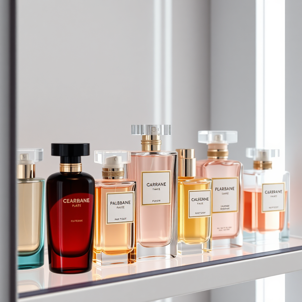 A shelf display of elegantly designed perfume bottles, mimicking the style of high-end designer brands. The bottles should be arranged in a way that highlights their unique shapes and colors. Soft, diffused lighting to emphasize the luxurious feel. Technical specs: 4K resolution, photorealistic.