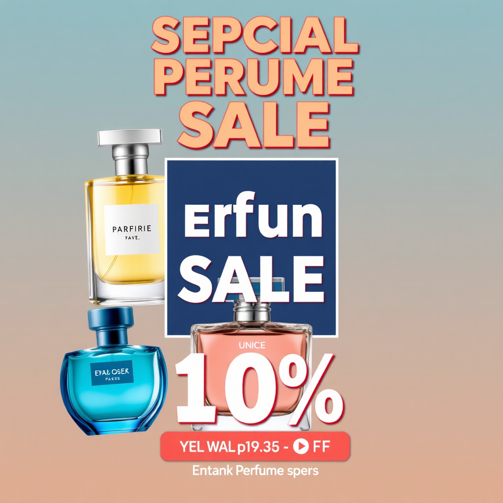 A visually appealing graphic showcasing a special perfume sale. The graphic should incorporate images of perfume bottles, discount percentages, and eye-catching fonts. Bright and vibrant colors to attract attention. Technical specs: 4K resolution, stylized graphic design.