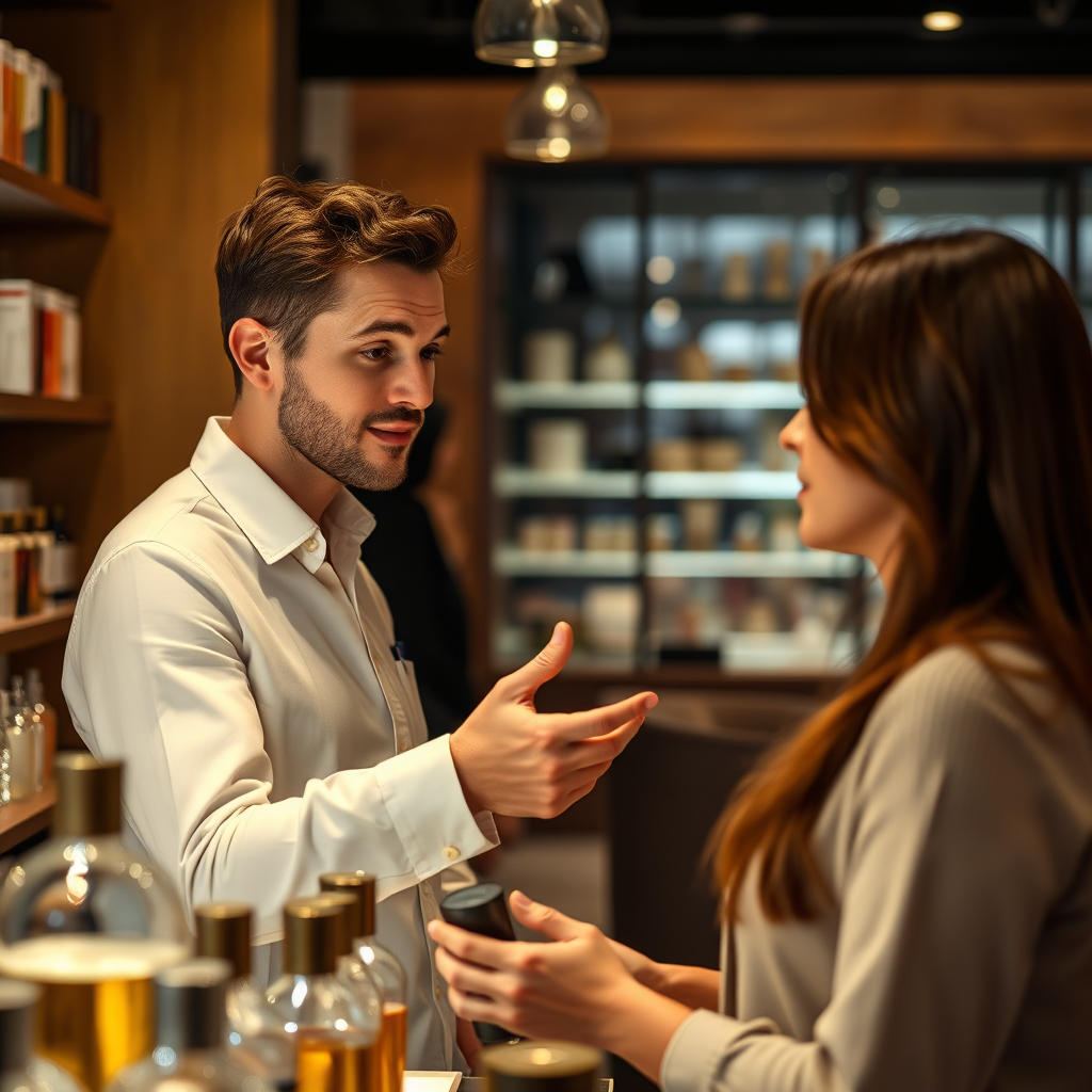 A warm and inviting scene of a perfume consultant assisting a customer in a perfume shop. Soft lighting to create a comfortable atmosphere. The background should be slightly blurred to keep the focus on the interaction. Technical specs: 4K resolution, photorealistic, emphasis on capturing the genuine connection between the consultant and the customer.