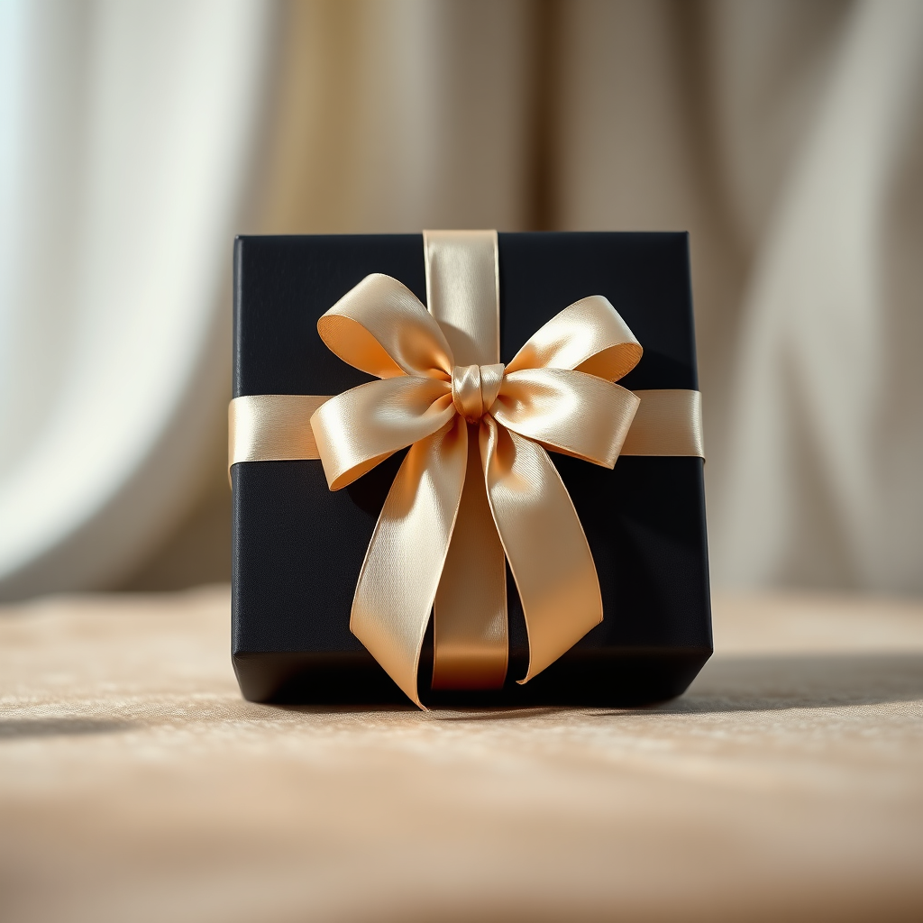 An elegantly wrapped perfume gift box with a satin ribbon, presented on a luxurious surface. Soft, diffused lighting to highlight the textures and details of the packaging. The background should be blurred to keep the focus on the gift. Technical specs: 4K resolution, photorealistic, emphasizing the beauty and thoughtfulness of the gift.