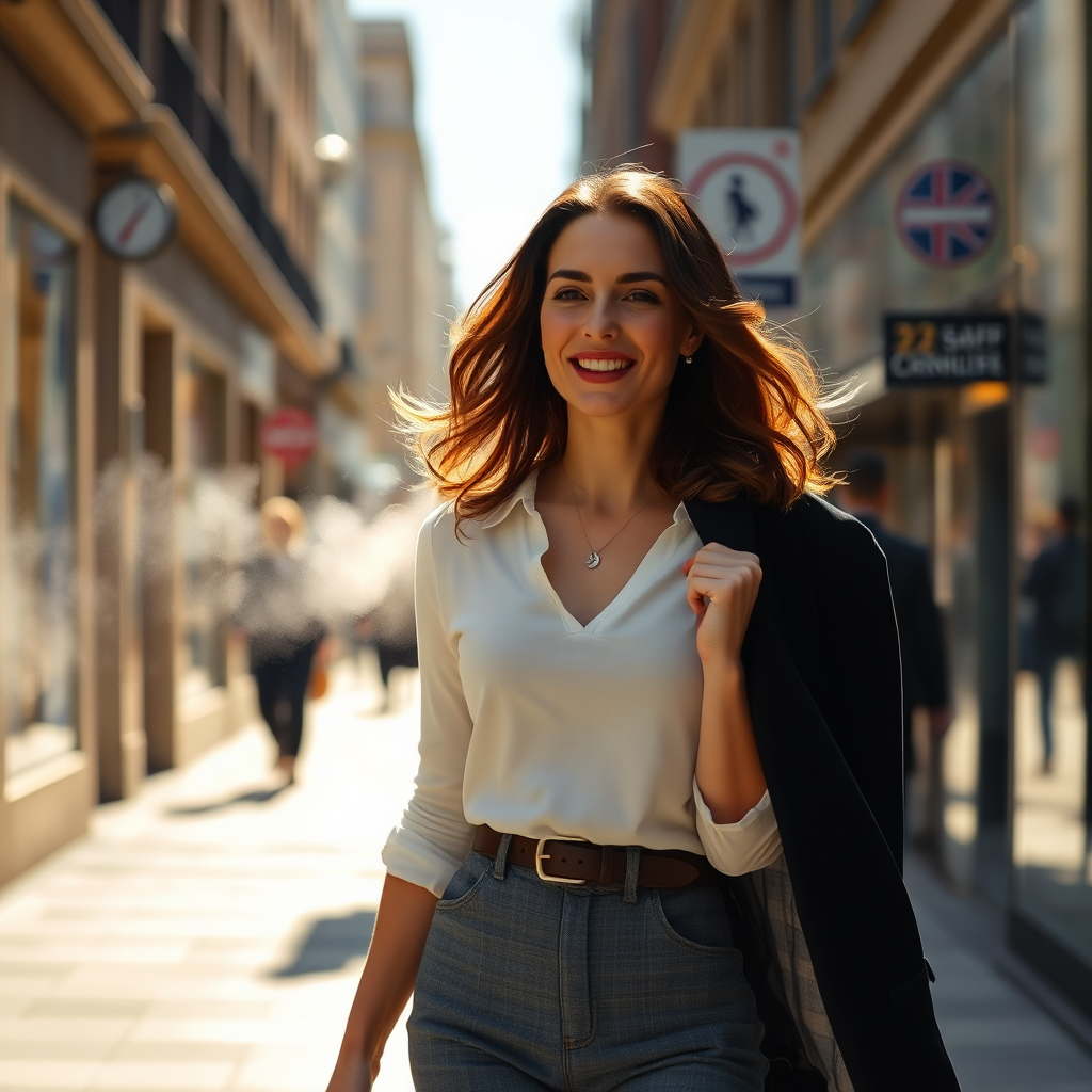 An image of a woman confidently walking through a city street, leaving a subtle trail of fragrant mist behind her. The lighting should be bright and natural, emphasizing the woman's confidence and elegance. Technical specs: 4K resolution, photorealistic, focus on capturing the dynamic movement and the subtle scent trail.