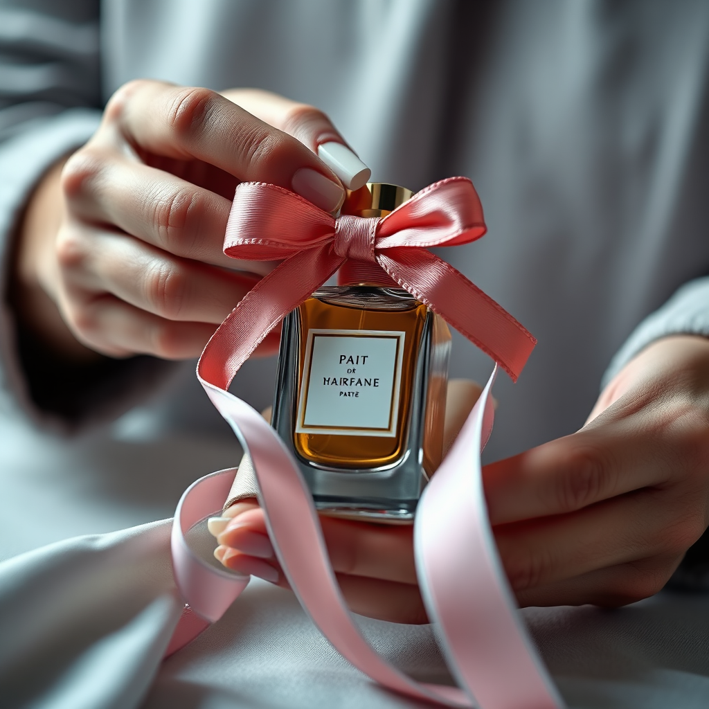 Close-up shot of hands meticulously wrapping a perfume bottle with luxurious paper and ribbon. Focus on the textures of the wrapping materials and the precision of the wrapping technique. Soft, diffused lighting to create a sense of elegance and care. Technical Specs: 4K resolution, photorealistic.