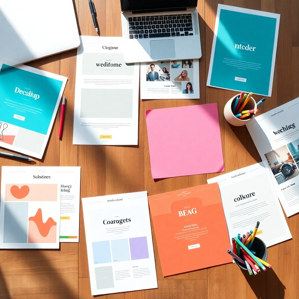 A beautifully arranged flat lay of various blog template printouts spread across a stylish wooden table. Each template showcases different color schemes and layouts, blending creativity with professionalism. Soft diffused natural lighting illuminates the scene, casting gentle shadows and highlighting the textures of the paper, giving a tactile feel. The color palette features pastel tones harmonizing with bright accent colors, creating a cheerful and inviting ambiance. The angle is top-down, capturing the array of designs while emphasizing the artistic layout of the templates. Environmental elements include a laptop partially visible, suggesting digital accessibility, and a stylish mug filled with colorful pens as props. The image should reflect a modern creative workspace, inspired by contemporary design aesthetics. The final render should be hyperrealistic and produced in 8K resolution, showcasing intricate details in the designs and lighting.