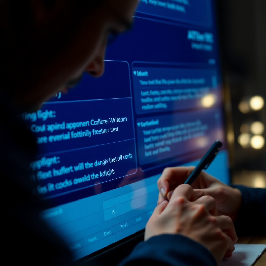 A close-up of a digital screen displaying an AI writing tool with sections highlighting text being written and edited in real-time, with a person engaged in focused writing next to it, illustrating the collaborative process between human and AI.