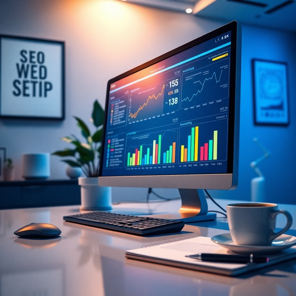 A close-up shot of a computer screen filled with colorful graphs and metrics illustrating SEO performance. The background consists of a professional office with ambient dramatic side lighting highlighting a potted plant and motivational posters on the walls. The desk is minimalist, with a high-quality mouse and keyboard, and a cup of coffee steaming softly. The color palette consists of calming blues and whites, giving a professional yet cozy feel. The camera angle captures a focused perspective on the screen, emphasizing the importance of analytics. Textures include smooth glass and metal surfaces, reflecting sophistication. Props include a notepad and a pen, symbolizing strategic planning. The style references a clean, modern aesthetic akin to tech startup environments. The image is ultra-detailed and rendered in 8K resolution.