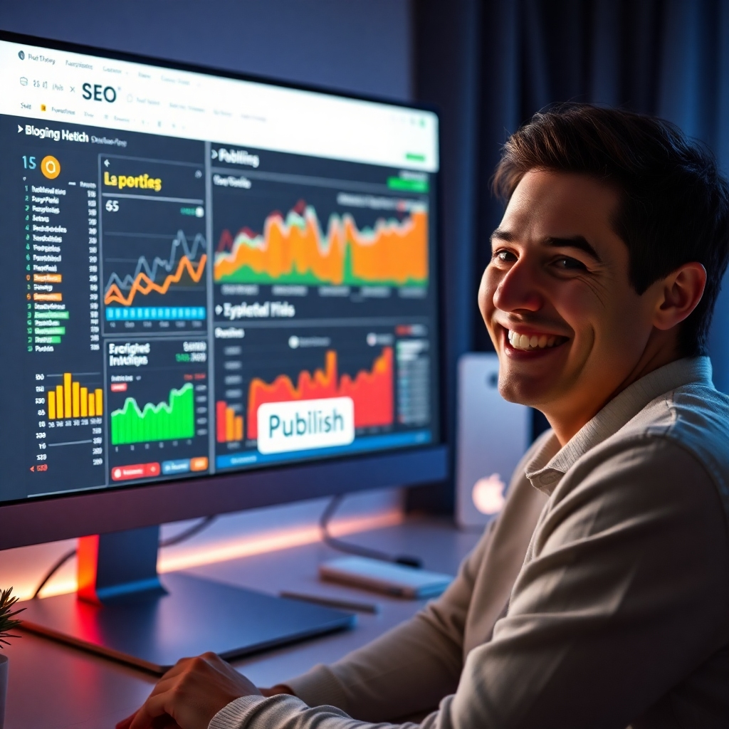 A computer screen showcasing an SEO analysis dashboard filled with colorful graphs, keywords, and metrics, next to a person smiling as they hit the 'publish' button, symbolizing the successful launch of a blog post.