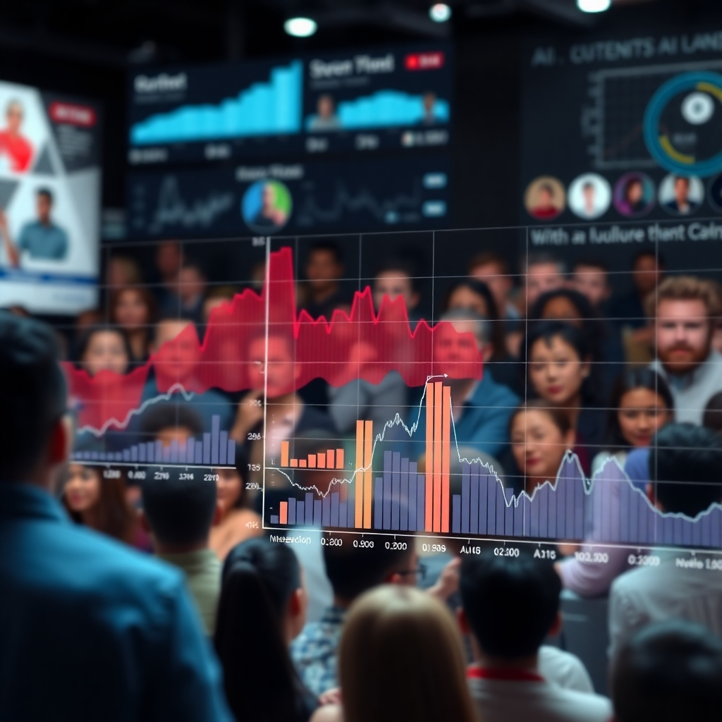 A digital representation of an AI algorithm analyzing social media interactions and blog post performance. Show graphs, statistics, and diverse audience faces in the background, illustrating the connection between content and audience engagement.