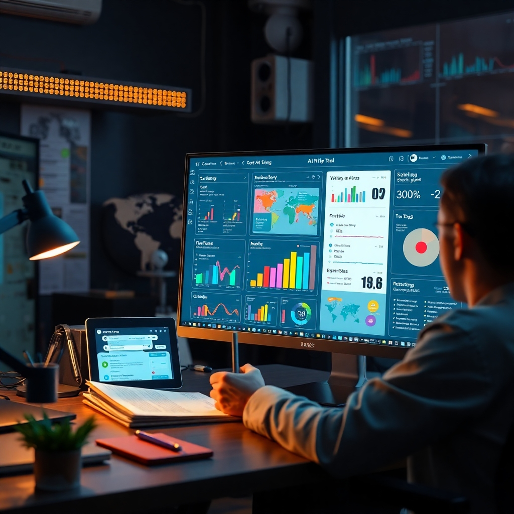  A high-tech workspace showcasing a computer screen displaying several AI writing tools. The scene includes an engaged writer taking notes, colorful charts, and a digital interface displaying statistics about writing efficiency and idea generation.