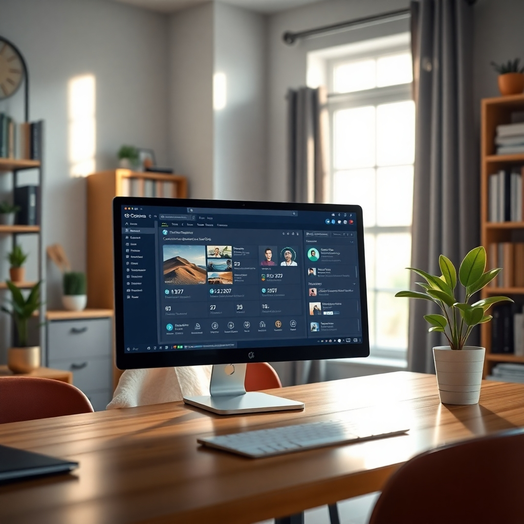 A modern workspace featuring a computer screen displaying an AI content generation tool interface. The background showcases a cozy home office with bookshelves, a potted plant, and sunlight streaming through a window, symbolizing creativity and productivity.