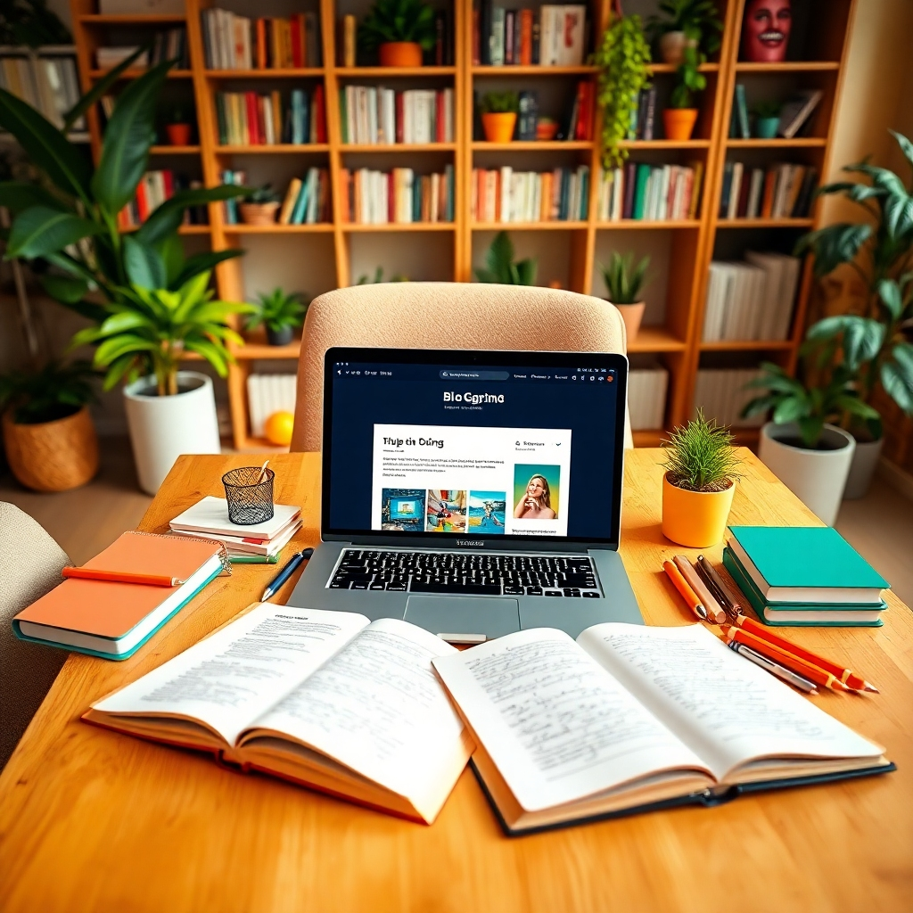 A modern workspace featuring a sleek laptop displaying a vibrant blog post on the screen, surrounded by colorful stationery and an open notebook with handwritten notes. The setting has soft diffused lighting, creating an inviting and creative atmosphere. The color palette is warm and bright, with hints of greens and oranges to inspire creativity. The angle is slightly overhead, providing a clear view of the laptop, notebook, and the artistically cluttered desk. Textures include a wooden desk surface and a cozy fabric chair. In the background, there are bookshelves filled with books on blogging and creativity, along with plants for a touch of nature. The overall style is contemporary and stylish, evoking enthusiasm for content creation. The image should be hyperrealistic, rendered in 8K resolution, emphasizing detail in lighting and materials.