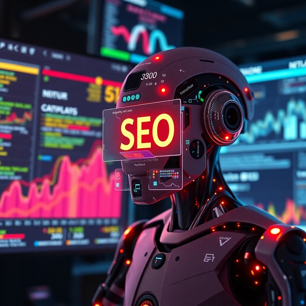  A visually dynamic scene of an AI algorithm analyzing blog content, with overlays of SEO metrics like keywords, search rankings, and traffic statistics. The background has digital dashboards and search engine results pages (SERPs) to emphasize the focus on optimization.