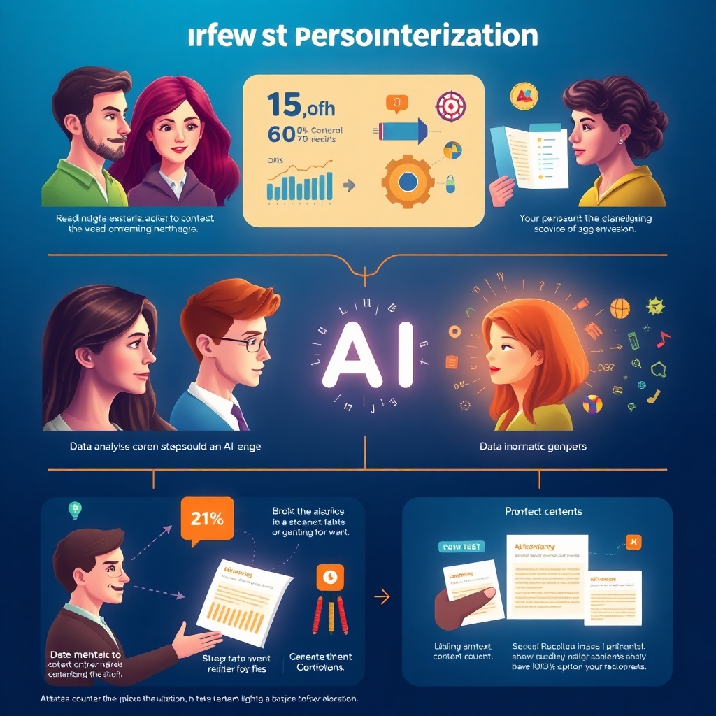  An infographic illustrating the process of content personalization using AI. It features diverse reader avatars, data analysis graphics, and personalized content snippets emerging from an AI engine, all set in a vibrant, user-friendly design.