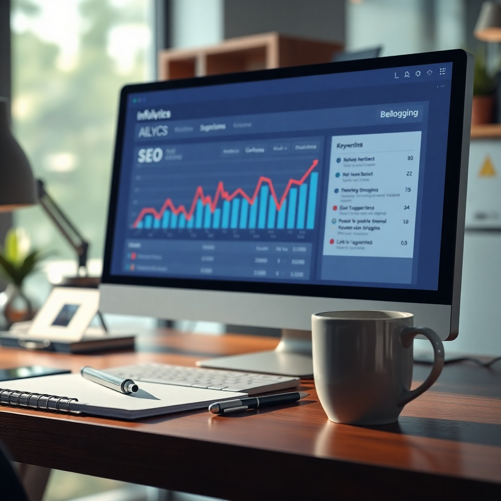 An infographic style image illustrating a computer screen with SEO analytics graphs and keyword suggestions, set in an office environment. Include elements like a notepad, pen, and a coffee cup, symbolizing the blogger's efforts and strategy.