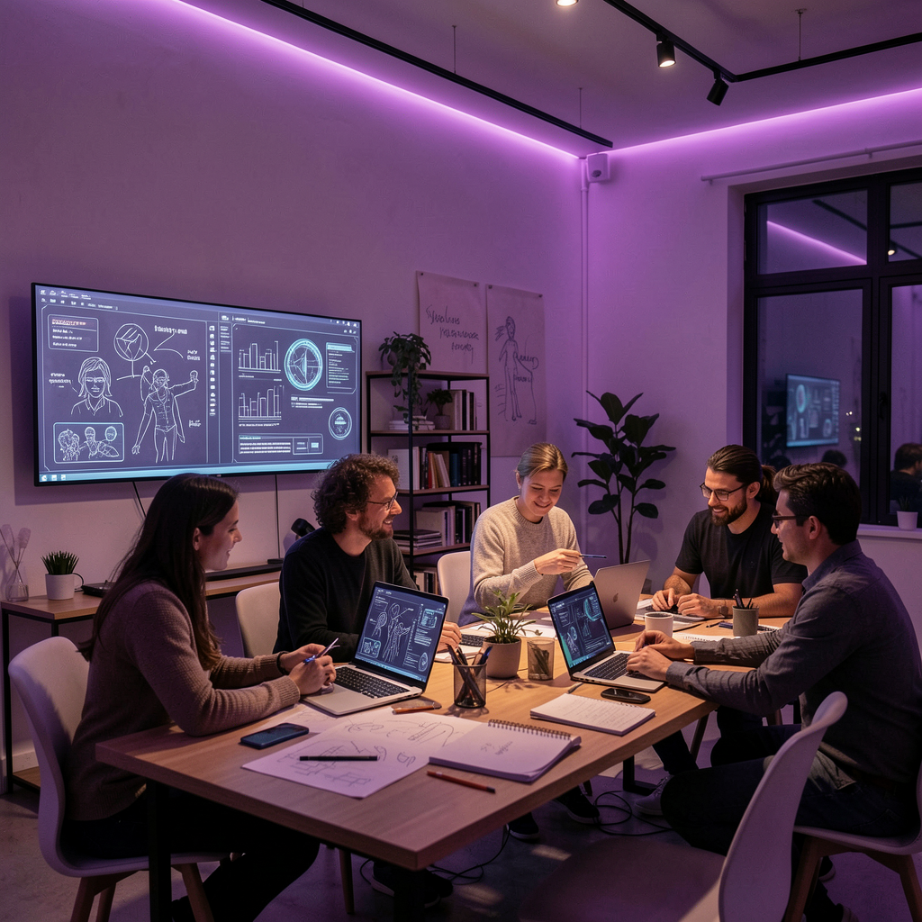 Team members collaborating in a modern studio space