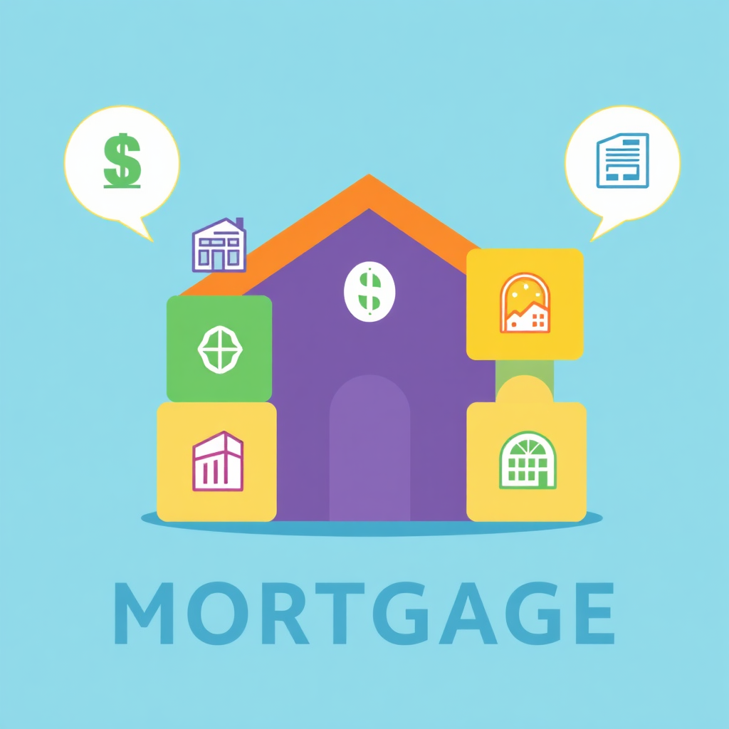 A stylized image of building blocks forming the shape of a house. Each block has financial icons on them, symbolizing different aspects of the mortgage process. Bright and cheerful colors should be used. The image should be clean and easy to understand, like an infographic.
