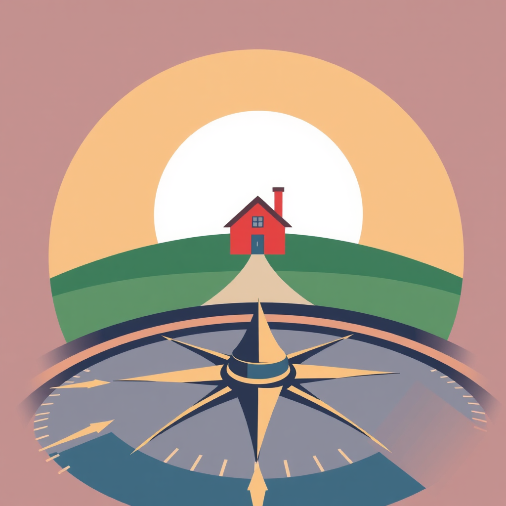 A stylized image showing a compass pointing towards a house in the distance, symbolizing guidance and direction. The colors should be inviting and hopeful.