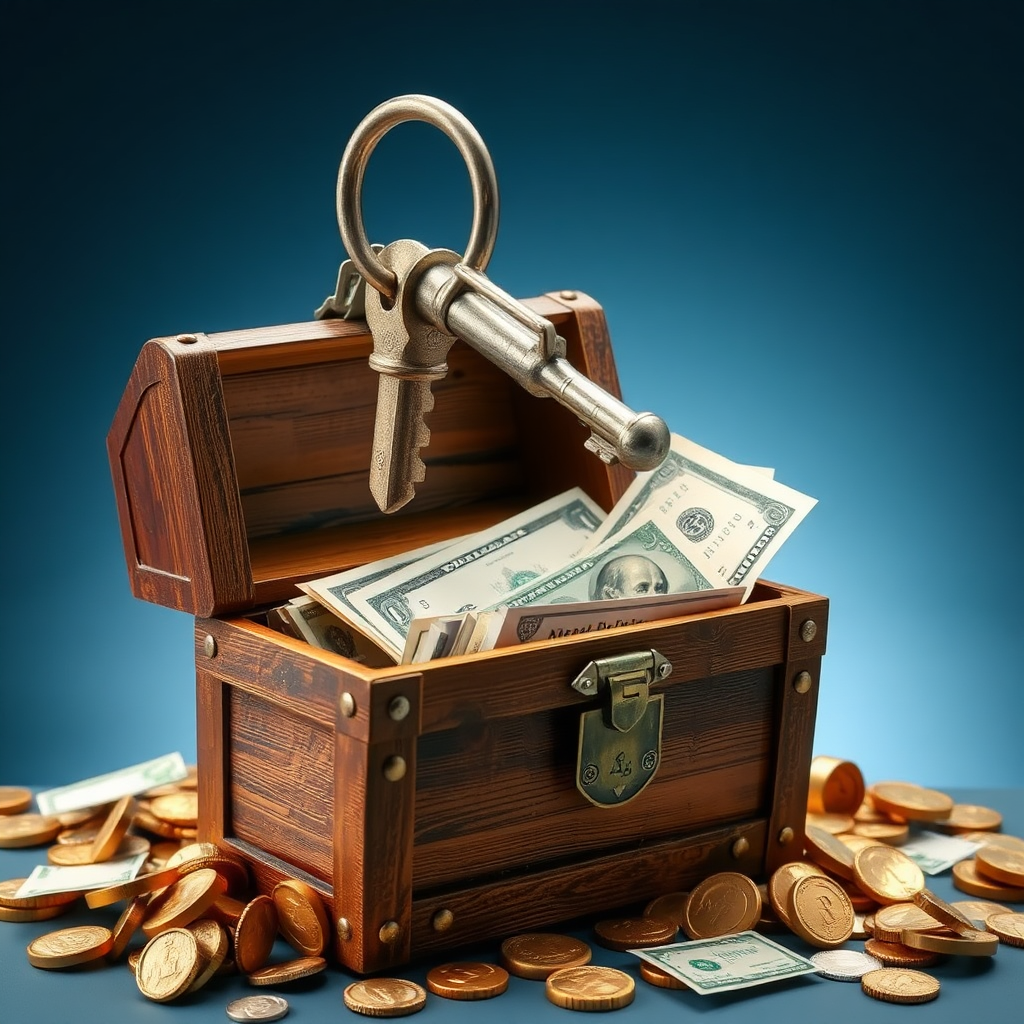 An image depicting a key unlocking a treasure chest filled with money and financial documents. The treasure chest represents the benefits of refinancing.