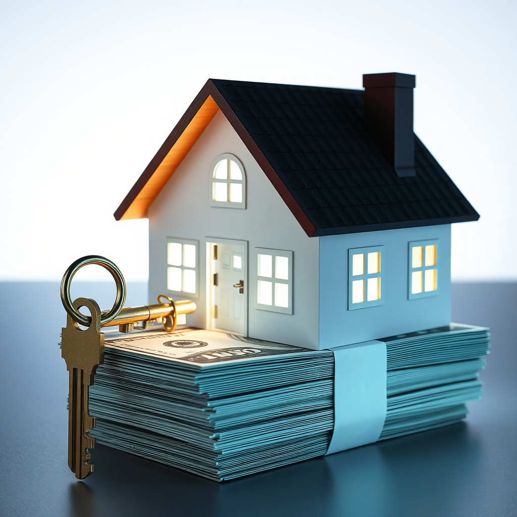 An image of a house transforming into a stack of cash, with a key unlocking the potential. The cash should look crisp and new. The lighting should be dynamic and eye-catching.