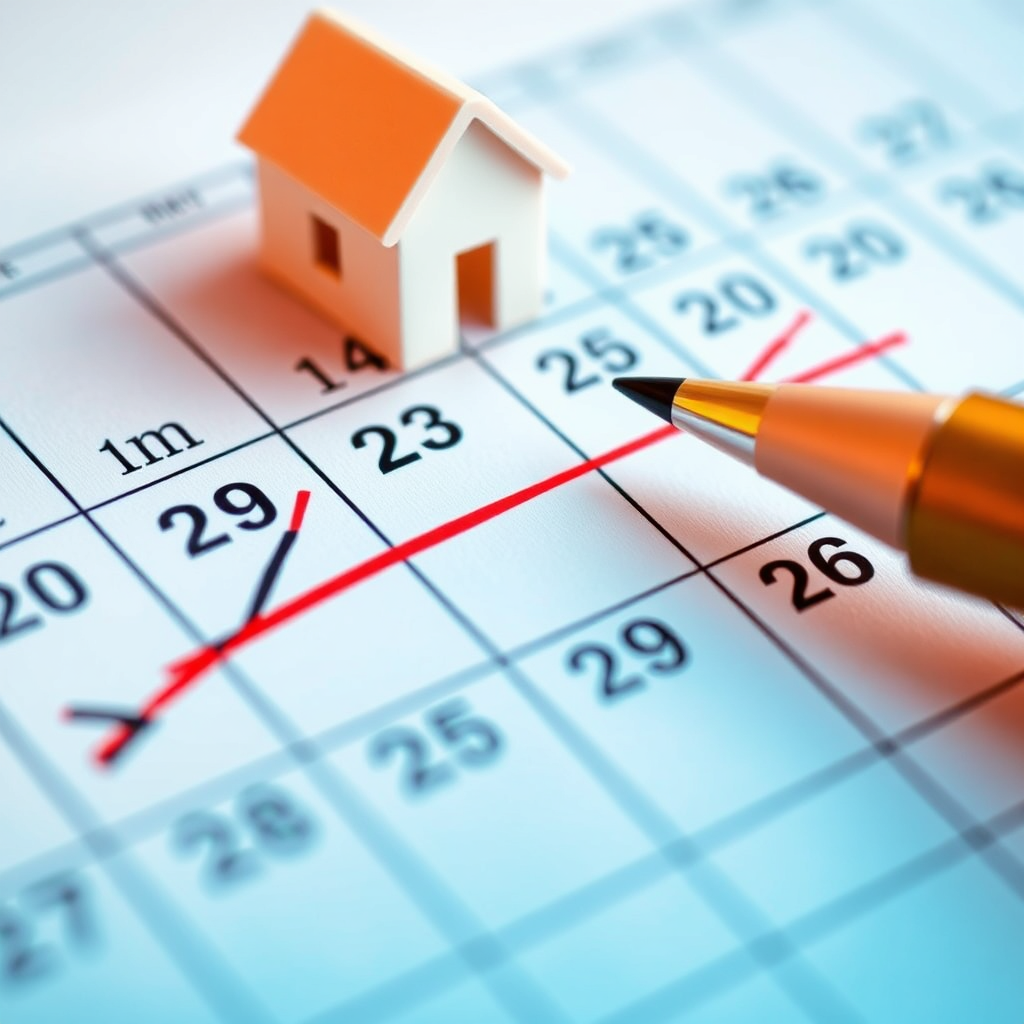 An image showing a calendar with dates being crossed off rapidly, leading to a house symbol. The colors should be warm and represent progress.