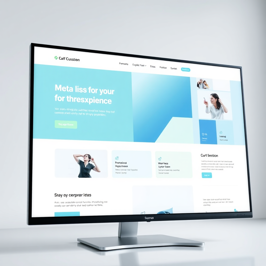 A clean and modern website design layout displayed on a large monitor. The design should be visually appealing, with a focus on user experience. Include elements like a navigation bar, hero image, content sections, and a footer. The color palette should be professional and modern, using shades of blue, green, and white. The lighting should be bright and even. The camera angle should be a close-up, focusing on the design details. Style reference: minimalist web design. Technical specs: high-resolution, detailed rendering.