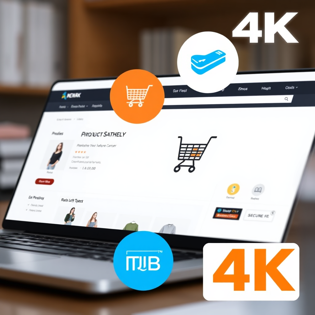 A clean and user-friendly e-commerce website interface displayed on a laptop screen. Feature product listings, shopping cart icon, and secure payment gateway logos. Style: Modern, e-commerce, minimalist. Technical specs: 4K resolution, UI/UX design visualization.