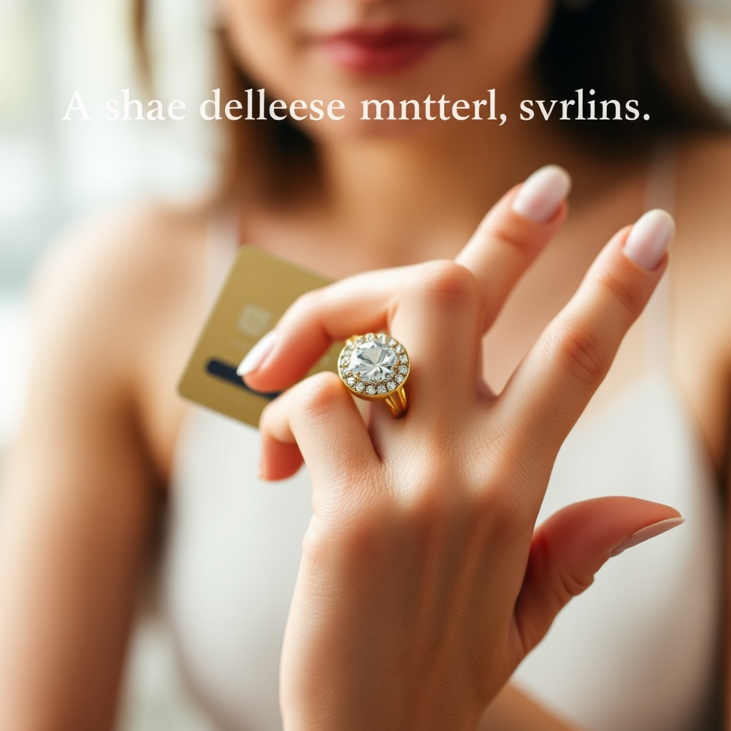 A close-up image showing a woman's hand holding a beautiful gold ring, with a credit card subtly placed in the background. The ring is sparkling and eye-catching. The background is softly blurred, suggesting a stylish and modern setting. The overall image conveys attainable luxury and the convenience of installment payments.