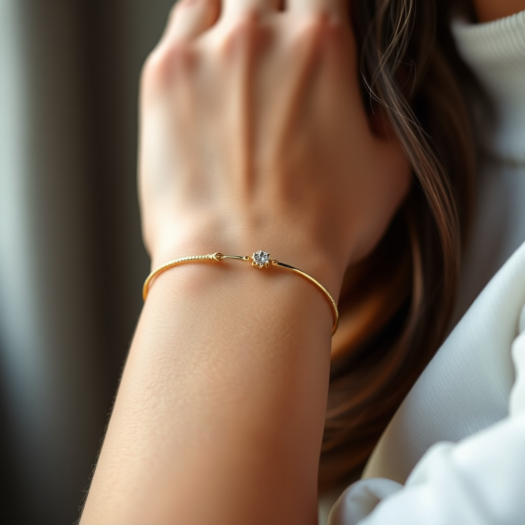 A close-up, photorealistic image showcasing a delicate gold bracelet on a woman's wrist. The focus is on the bracelet's intricate design and the sparkle of the gold. The background is softly blurred, suggesting a stylish and elegant setting. The overall image conveys a sense of attainable luxury and personal reward. The lighting should be soft and flattering, highlighting the beauty of both the jewelry and the wearer. Style: Elegant, Accessible, and Inspiring.