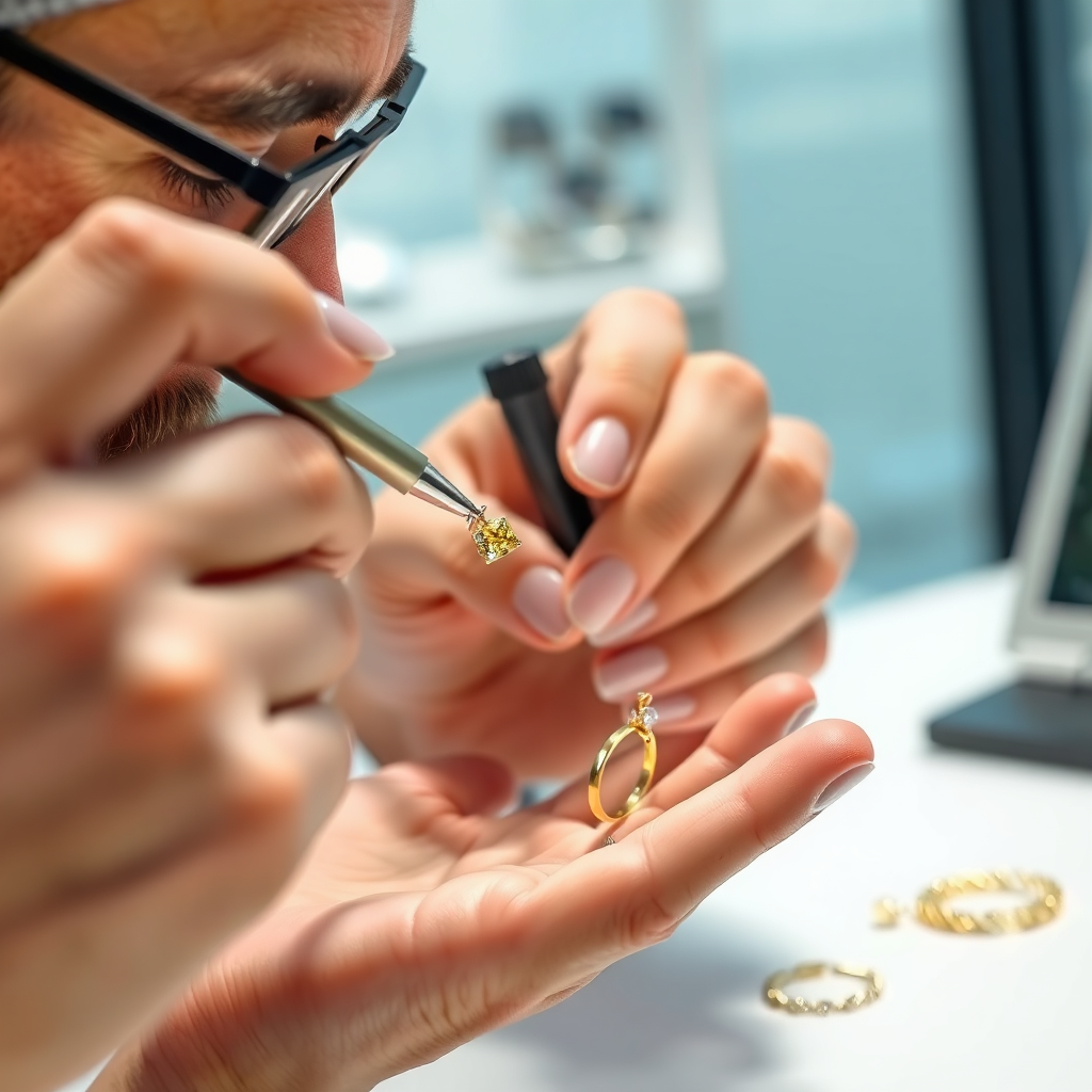 A close-up, photorealistic image showing a piece of gold jewelry being carefully examined and appraised by a jewelry expert. The expert is using specialized tools and equipment. The background is a clean and professional setting. The overall image conveys trust, transparency, and fair valuation. The lighting should be bright and clear, highlighting the details of the jewelry and the expertise of the appraiser. Style: Professional, Transparent, Reassuring.