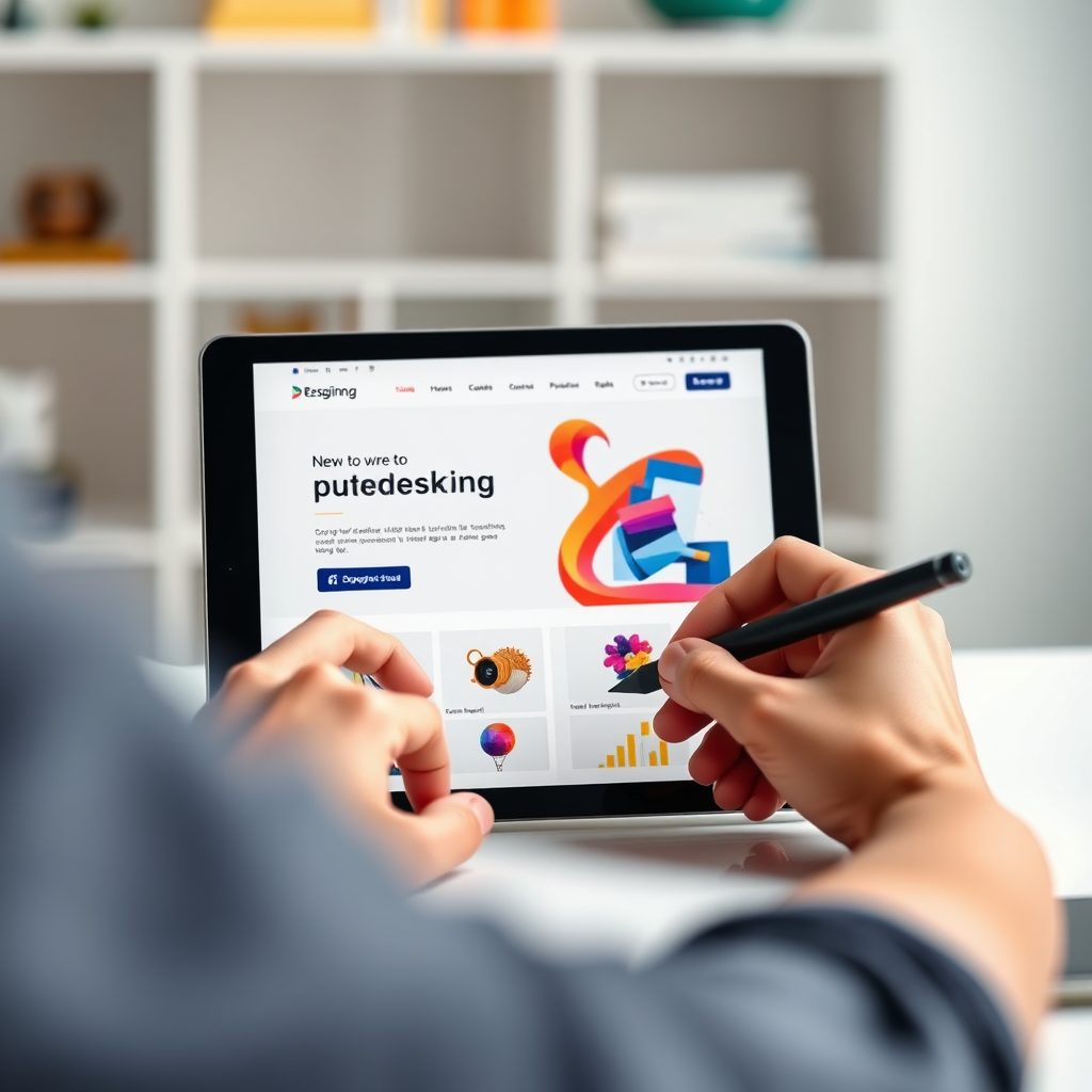 A designer working on a website mockup using a digital pen and tablet. The mockup should showcase a unique and visually appealing design. The color palette should be vibrant and modern. The lighting should be soft and even. The camera angle should be a close-up, focusing on the designer's hands and the tablet. Style reference: modern graphic design. Technical specs: 4K resolution, detailed rendering.