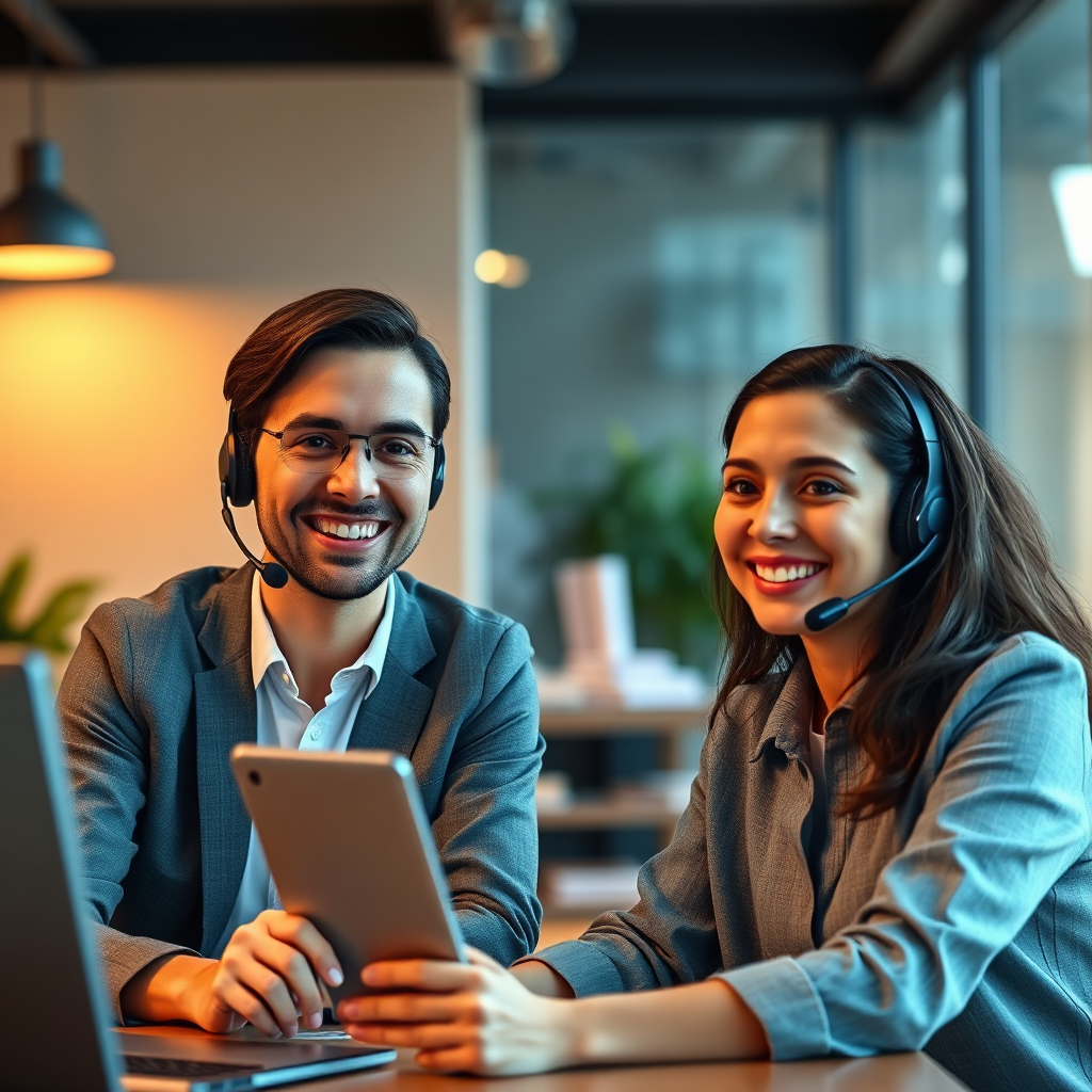 A friendly and professional-looking support team assisting a customer via video call. The support team should be smiling and helpful. The customer should be happy and satisfied. The lighting should be warm and inviting. The camera angle should be a medium shot, showing both the support team and the customer. Style reference: corporate photography. Technical specs: high-resolution, detailed rendering.