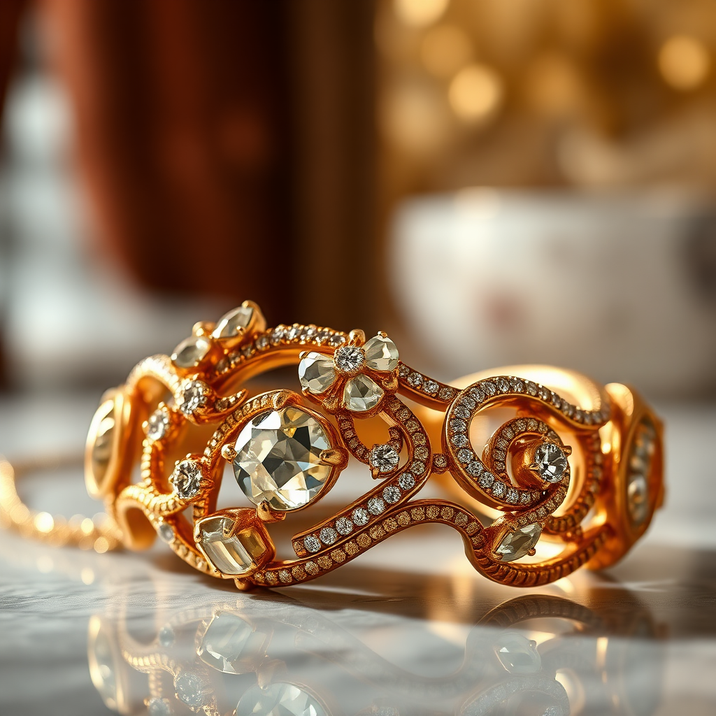 A photorealistic, close-up image showcasing a stunning piece of gold jewelry with intricate details and unique design elements. The background is a blurred, luxurious setting, enhancing the exclusivity of the piece. The lighting is dramatic, highlighting the facets and textures of the jewelry. The overall image conveys sophistication, artistry, and exclusivity. Style: Elegant, Artistic, Luxurious.