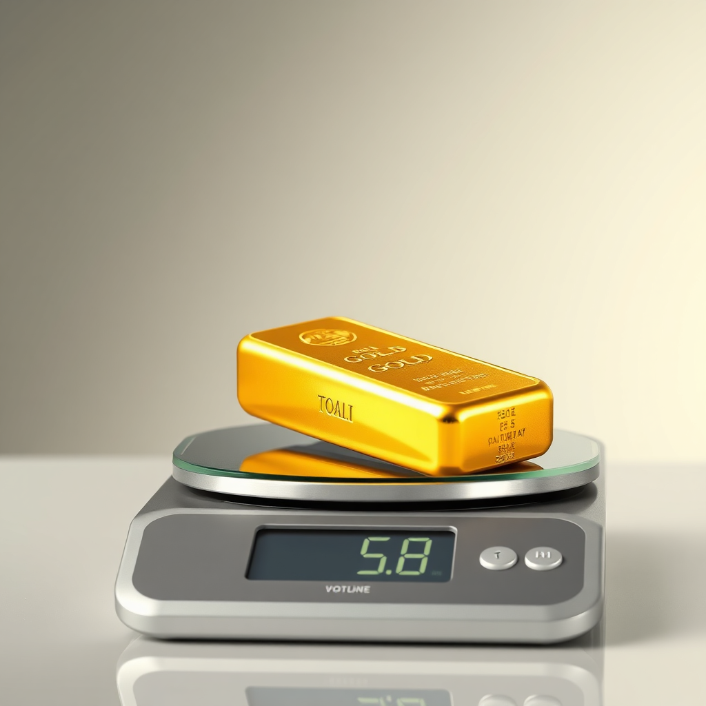 A photorealistic image showcasing a gold bar being weighed on a digital scale. The scale is displaying a clear and easy-to-read weight measurement. The background is a clean, professional setting, conveying trust and accuracy. The overall image is focused on the transaction of buying and selling gold, emphasizing transparency and reliability.